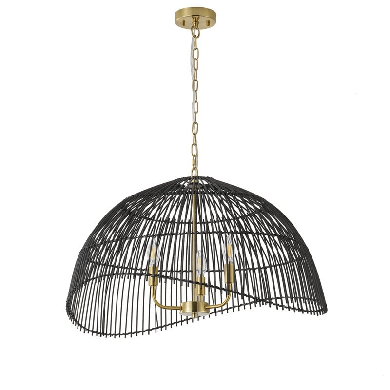Boho Black Woven Rattan 3 Light Pendant Ceiling Light Brass Copper Finish Iron Frame for Kitchen Island Living Room