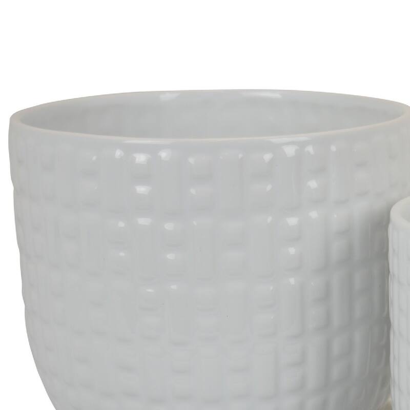 Set of 2 Ceramic Planters,Dotted Chequered Texture, White Glaze Finish