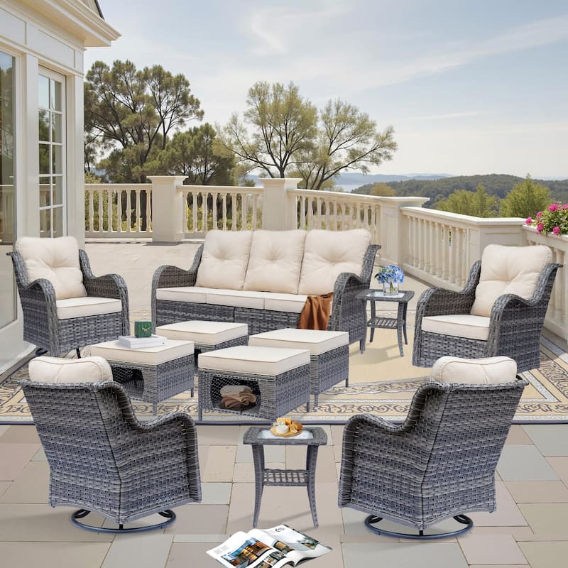 11 Piece Outdoor Wicker Patio Conversation Swivel Chairs Furniture Set - Beige-Gray Rattan
