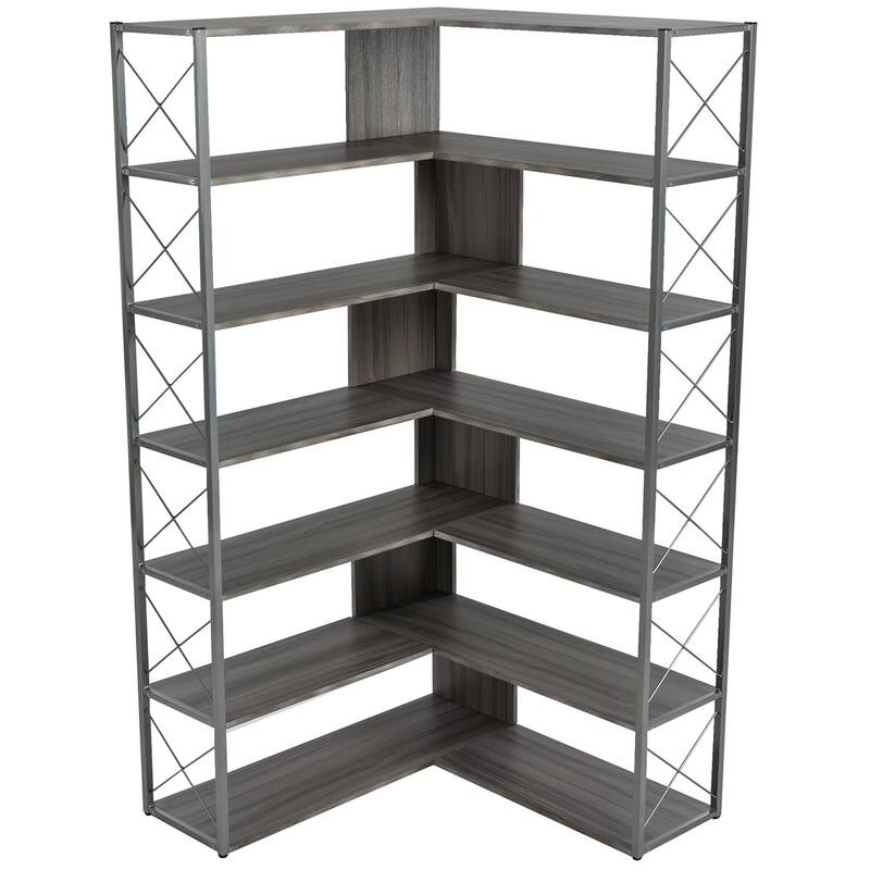 Merax L-Shaped 7-Tier Corner Bookcase with Metal Frame