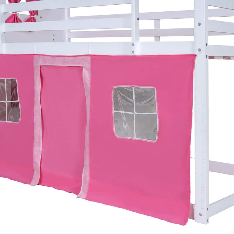 Pink+White Wood Castle House Bunk Bed with Windows, Sills, Tent, and Slide, Playhouse Design