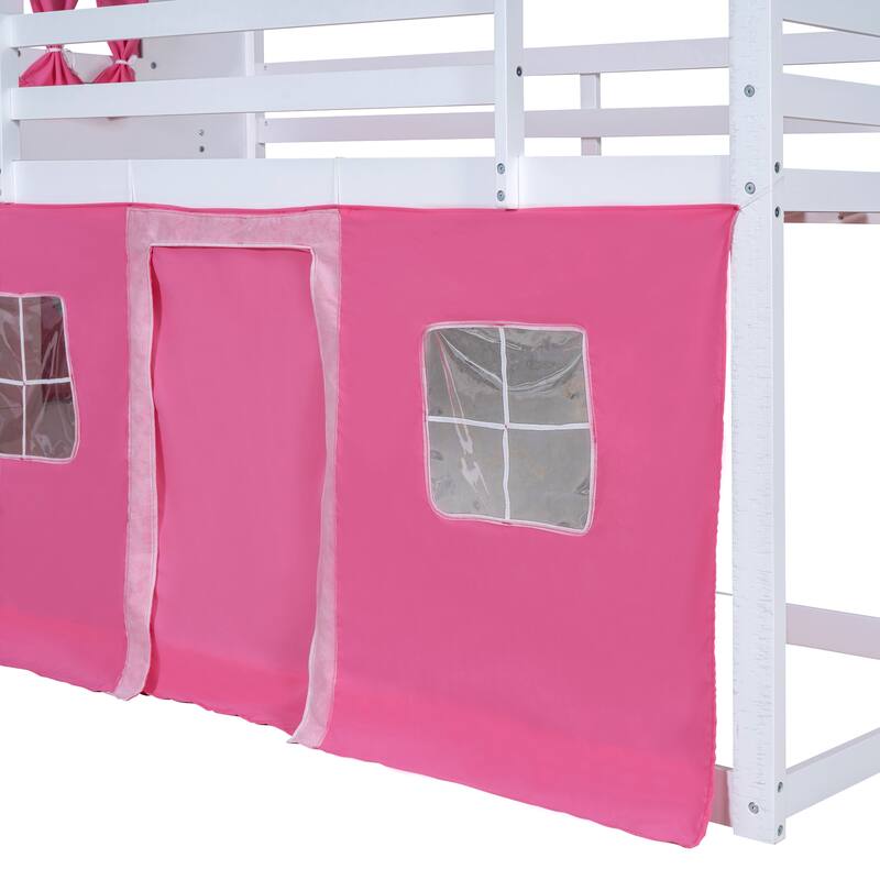 Twin/Full Size Wooden Bunk Bed with Playhouse Design and Windows for Children's Bedrooms, Small Space