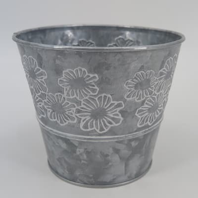Silver With White Flowers Metal Planter