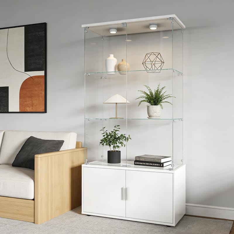 Double-door four-layer cabinet-style storage cabinet,display cabinet,wine cabinet,with remote-controlled lights,adjustable feet
