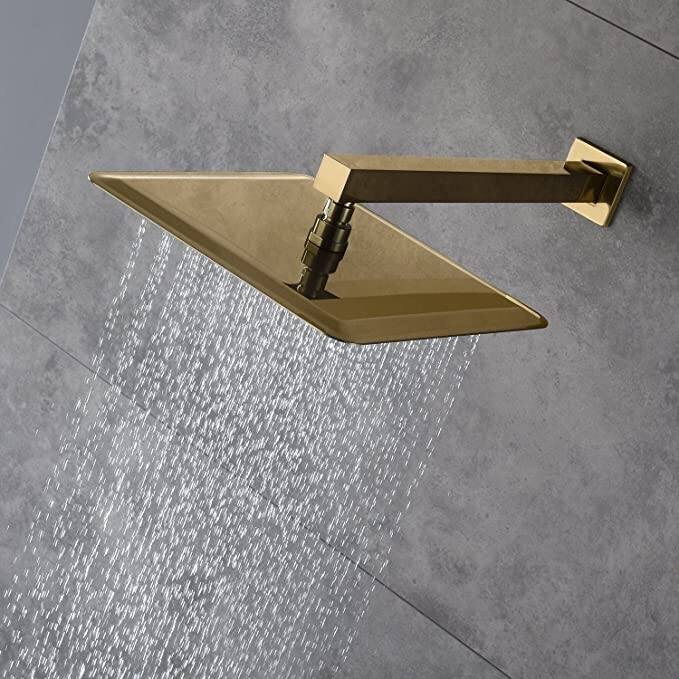 brushed gold wall mounted 12 inch rain head 3 way digital display anti scald shower system - 7'6" x 10'9"