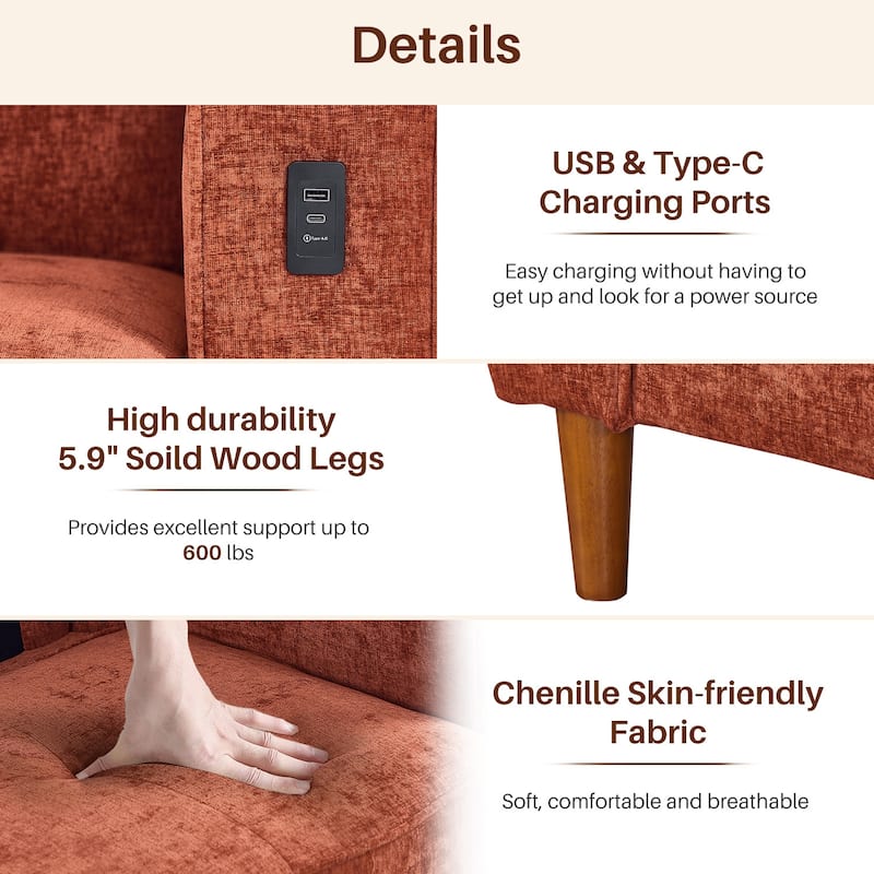 Modern 82.68 " Chenille Upholstered Sofa Loveseat Sofa with USB Ports for Living Space