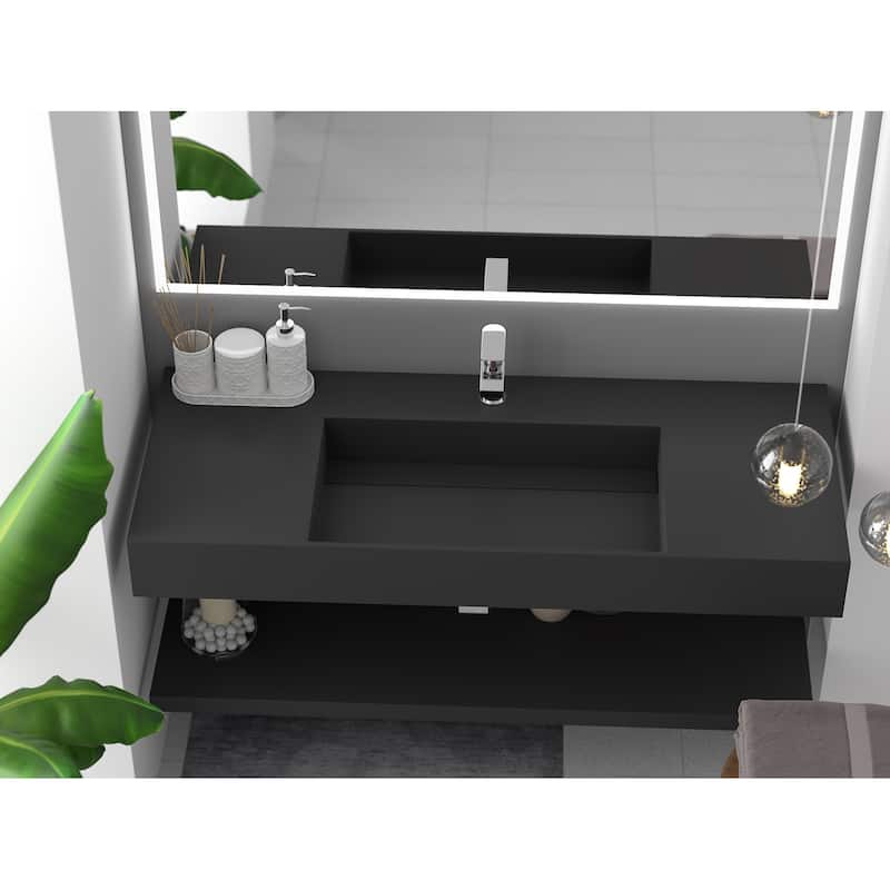Juniper Stone Solid Surface Wall-mounted Vessel Sink - 48" - Black