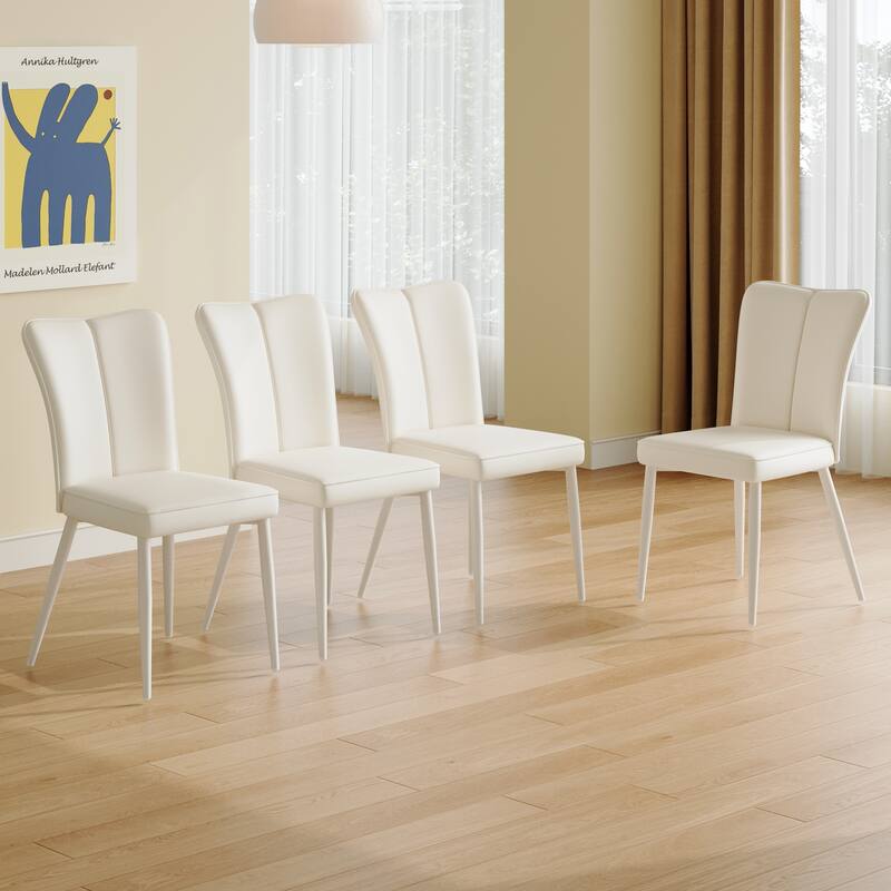 Roomfitters White PU Dining Chairs with Curved Back and Seat, White Metal Legs, Set of 4 for Bedroom or Living Room