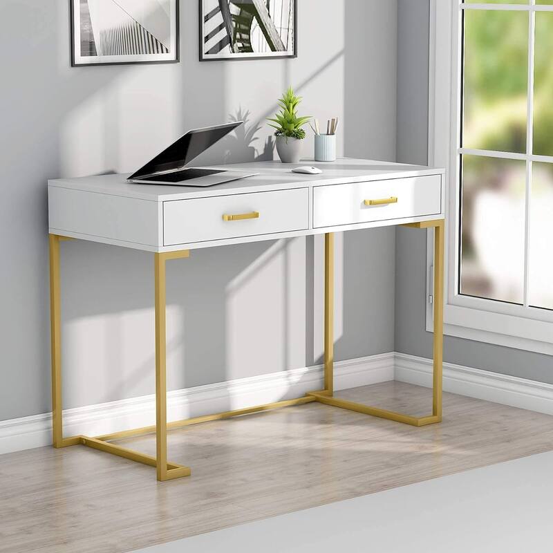 Modern Simple Computer Desk Writing Table with 2 Drawers for Home Office - White+Gold