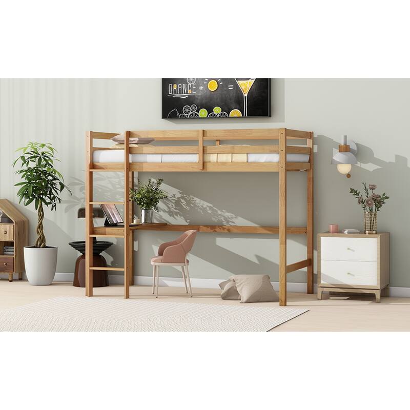 Roomfitters Twin High Loft Bed with Built-In Desk, Solid Rubber Wood Frame with Safety Guardrail and Ladder, White Oak