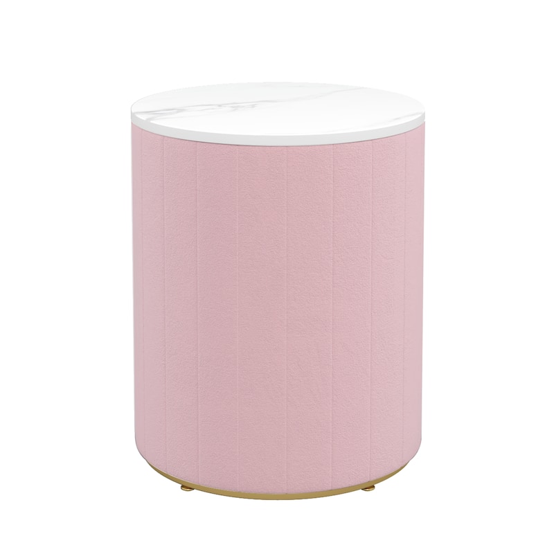 Round Nightstand with 3 Drawers, Velvet Upholstered Storage Cabinet, Sofa Side Table with Marble Table Top & Metal Legs