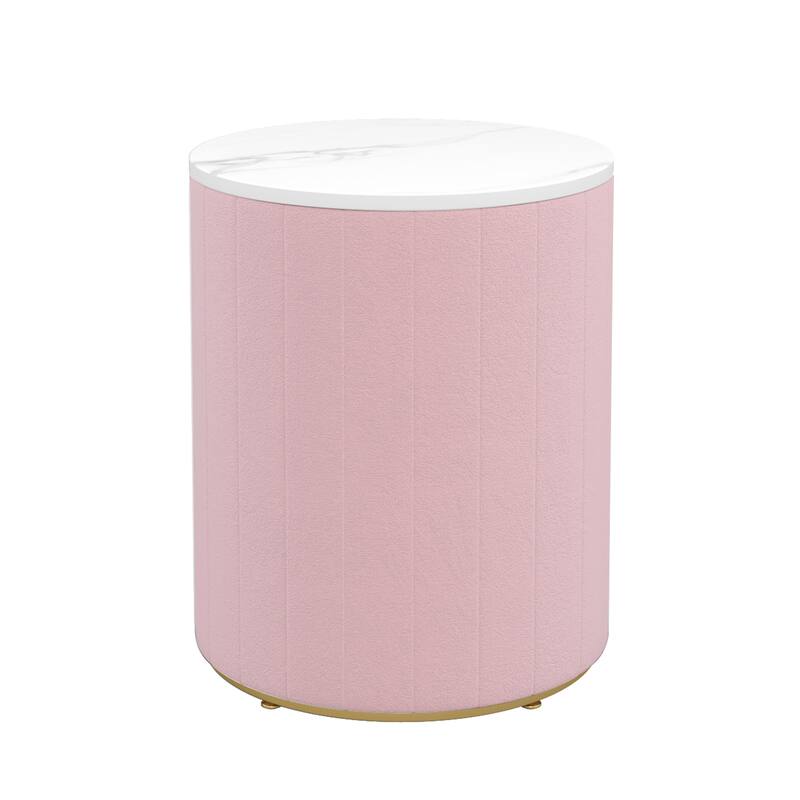 Upholstered 3-Drawer Nightstand - Round Marbling Top Bedside Table (Fully Assembled Except Handles, Pink)