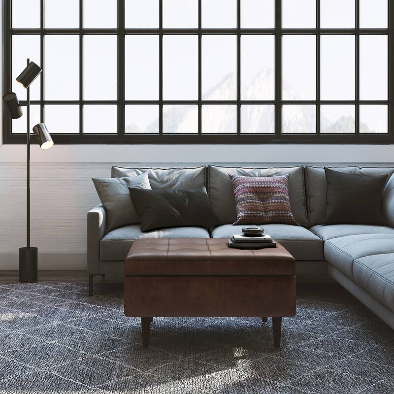 WYNDENHALL Blanchette Mid Century Modern Storage Ottoman - 26" D x 34.25" W x 18.5" H - Distressed Chestnut Brown