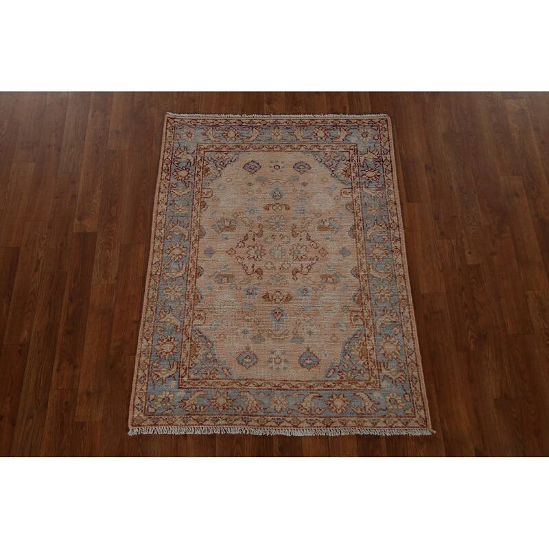 Hand Knotted Oriental 100% Wool Carpet Transitional Geometric Peach Oushak Area Rug - 3' 10'' X 2' 9''