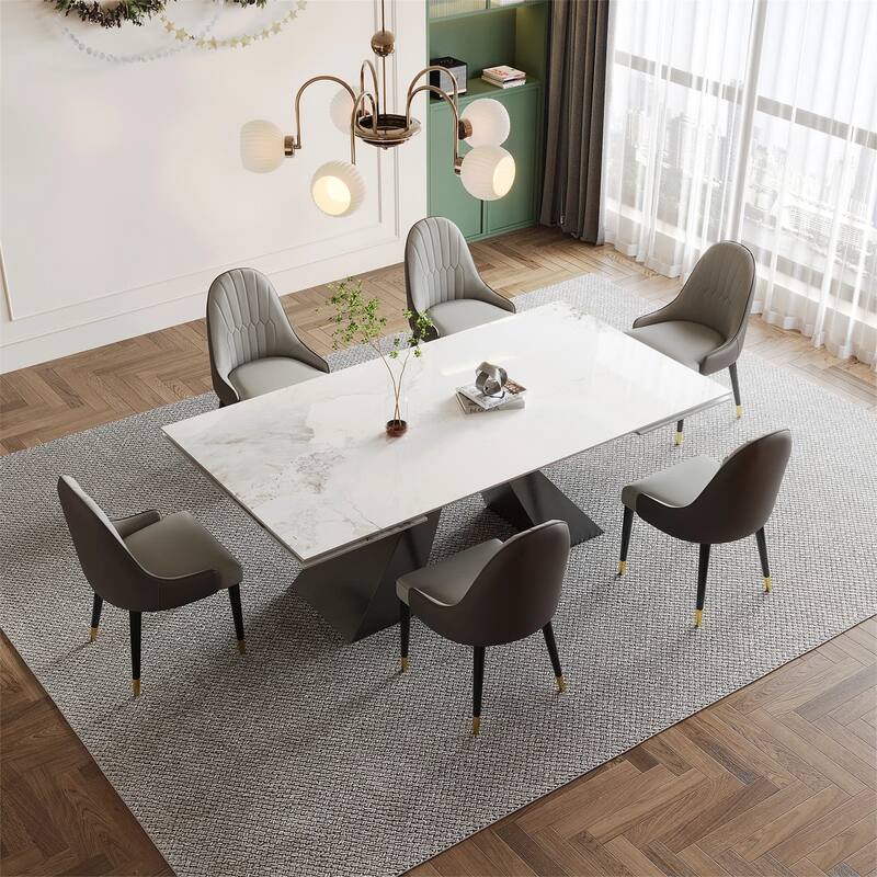 9 - Piece 110.24'' Extendable Sintered Stone Dining Table and 8 Leather Chairs Dining Set