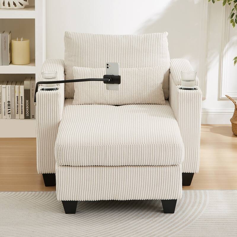 Convertible Chaise Lounge Sofa Chair with USB Ports, Storage 37.4" Corduroy Sleeper Sofa Bed with Adjustable Backrest
