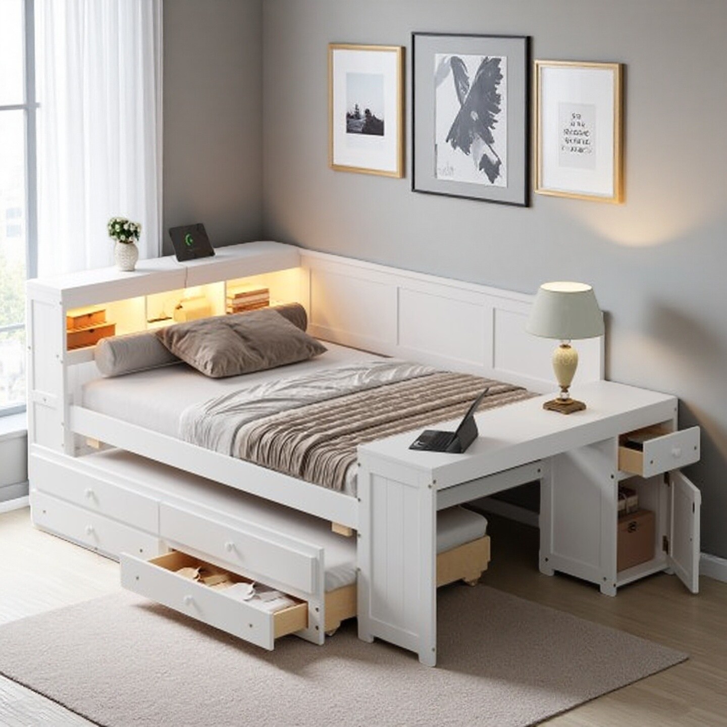 Full Size Daybed with Trundle, Storage Drawers, Shelves, Built-in Desk, LED Lights & Charging Station