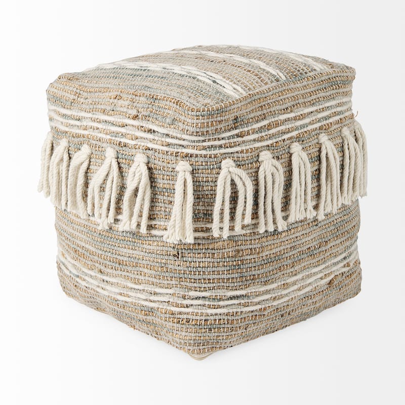 Mercana "Avni" Cream / Brown Hemp & Wool Fringed Square Pouf