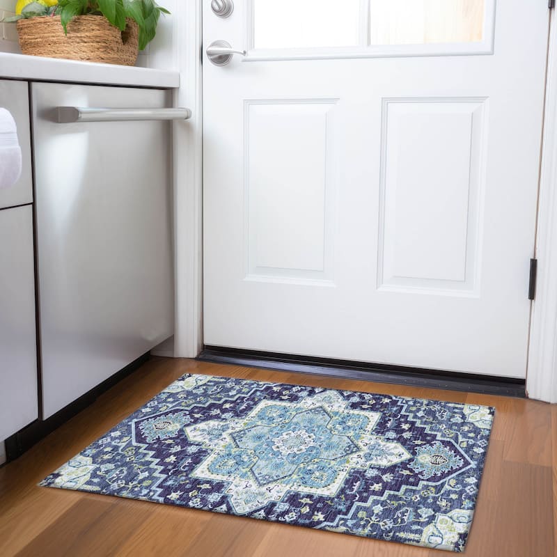Premium Washable Super Soft Traditional Oriental Mayfield Rug - Navy - 1'8" x 2'6"