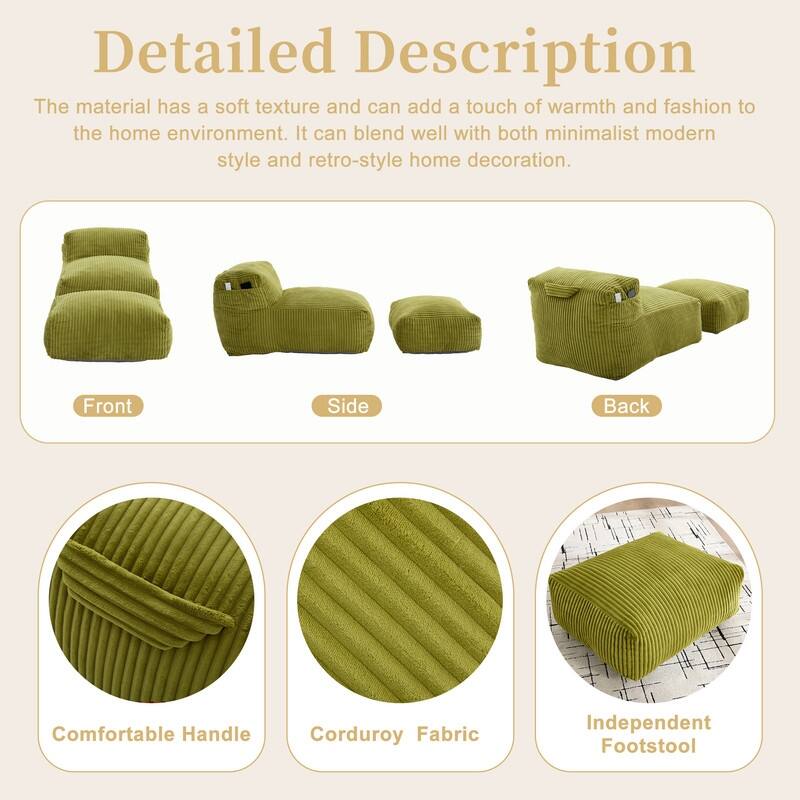 Corduroy Upholstered Lounger Large Ergonomic Support Compressed Bean Bag Sofa with Ottoman
