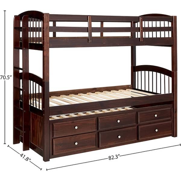Twin Over Twin Wood Bunk Bed with 3 Drawers, Ladder, and Safety Rail