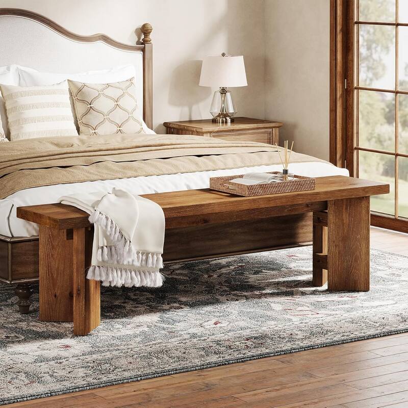 62.99" Solid Wood Bench with Thickened Legs for Entryway, Entrance, Dining Room, Living Room, End of Bed