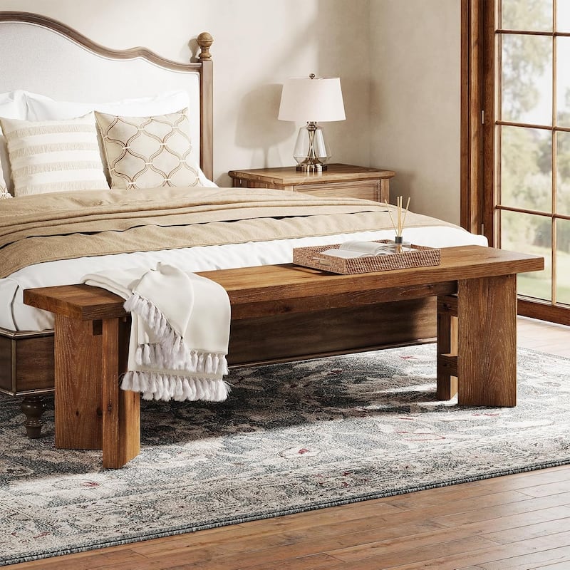 Solid Wood Entryway Bench, 63" Farmhouse Wood Dining Bench with Thickened Legs - 62.99" W x 13.78" D x 17.72" H