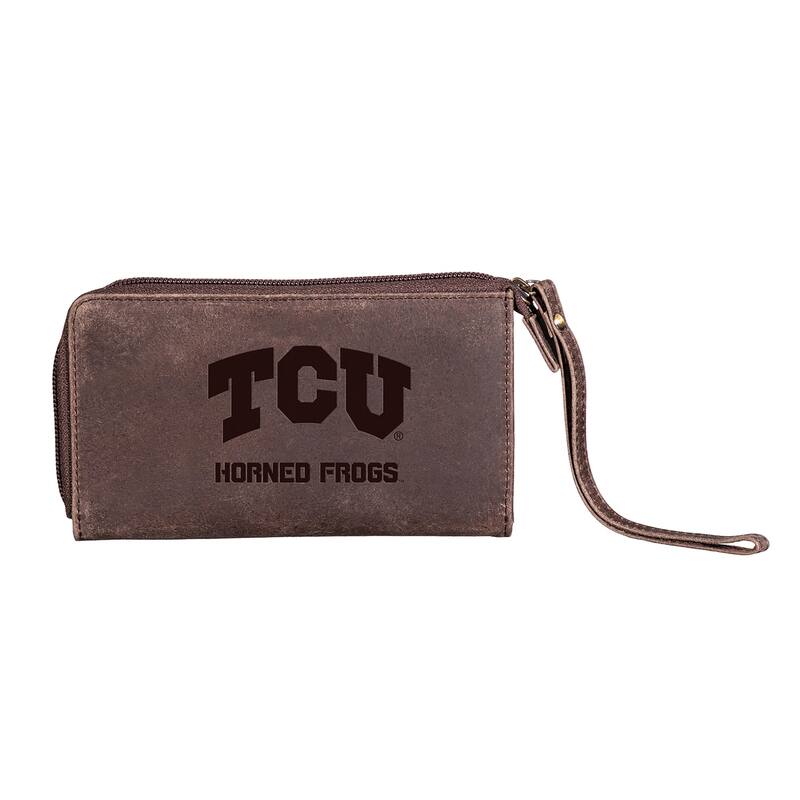 Brown Leather Cell Phone Wristlet Wallet, Texas Christian University - 4" x 7"