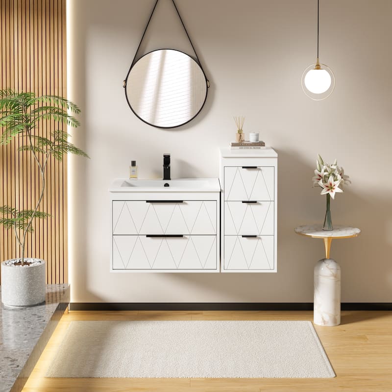 Bathroom Vanity Sink Combo Wall Mounted Cabinet Vanity Set with Side Cabinet - White - 24 in