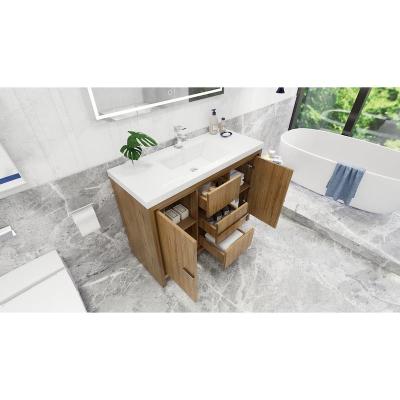 dolce 48 natural oak finish freestanding bath vanity with single basin reinforced acrylic top