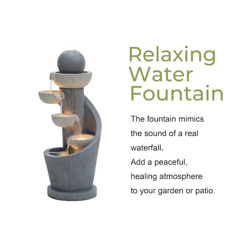 Gray Resin Spiral Sculpture with Bubbler 5-Tier Outdoor Fountain with Lights