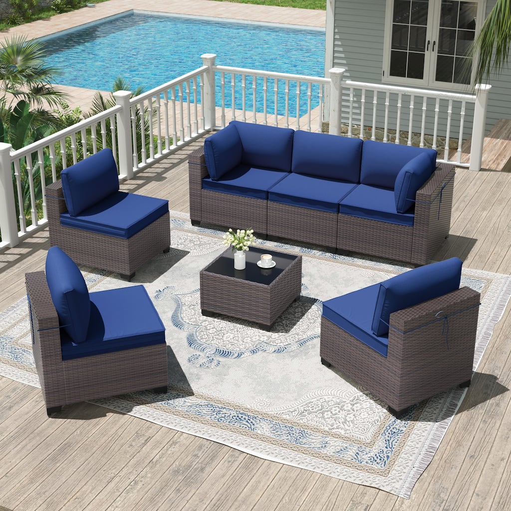 7-Piece Patio Furniture Set, Wicker Outdoor Seatings Conversation Sofa with Side Table - 7-Pieces
