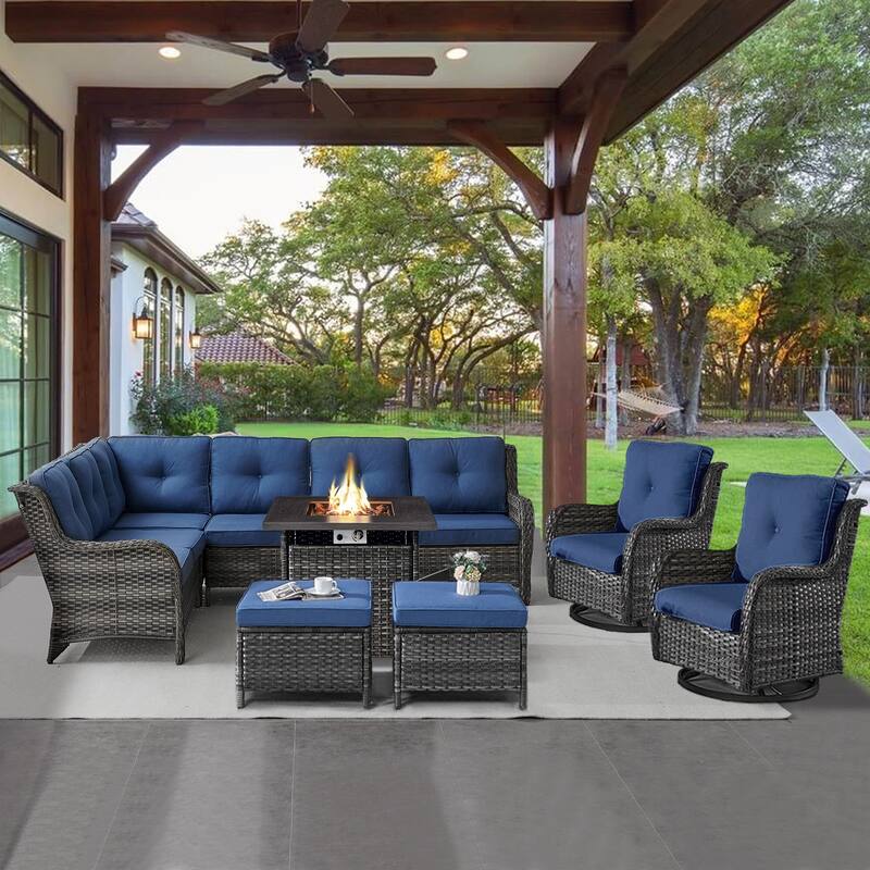 Gymojoy 6-Piece Outdoor Wicker Patio Furniture with Fire Pit and L-shaped Sectional Sofa, Coversation Set with Thick Cushions - Grey Wicker / Blue Cusion - 6-Piece