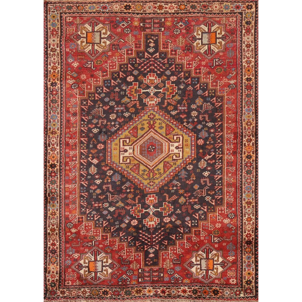 Hand Knotted Oriental 100% Wool Carpet Traditional Tribal Navy Blue & Blues Shiraz Area Rug - 5' 3'' X 3' 11''