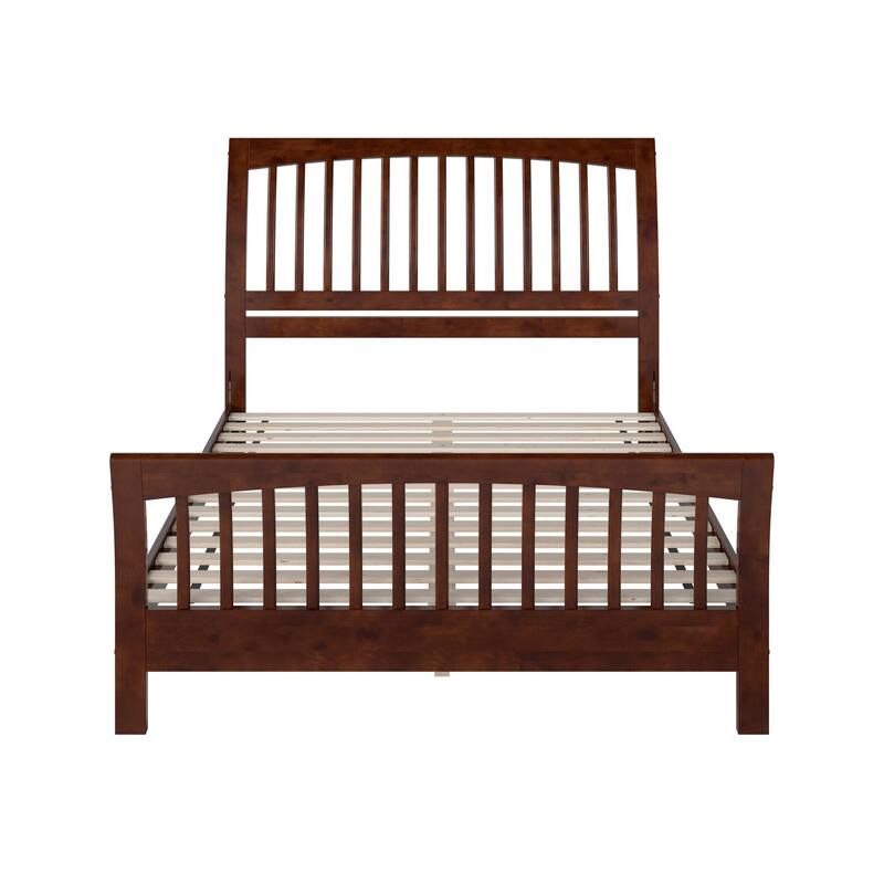 Solid Wood Low Profile Platform Bed - Queen Size, Matching Footboard, Slatted Headboard, Walnut Finish