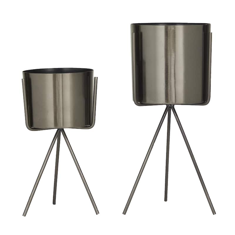 Metal Small Indoor Outdoor Planter with Removable Stand - Set of 2 Silver, Gold or Dark Gray - CosmoLiving by Cosmopolitan