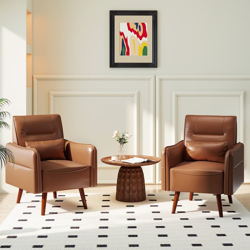 Button Tufted Faux Leather Accent Chair Armchair with Solid Sagwan Wooden Frame