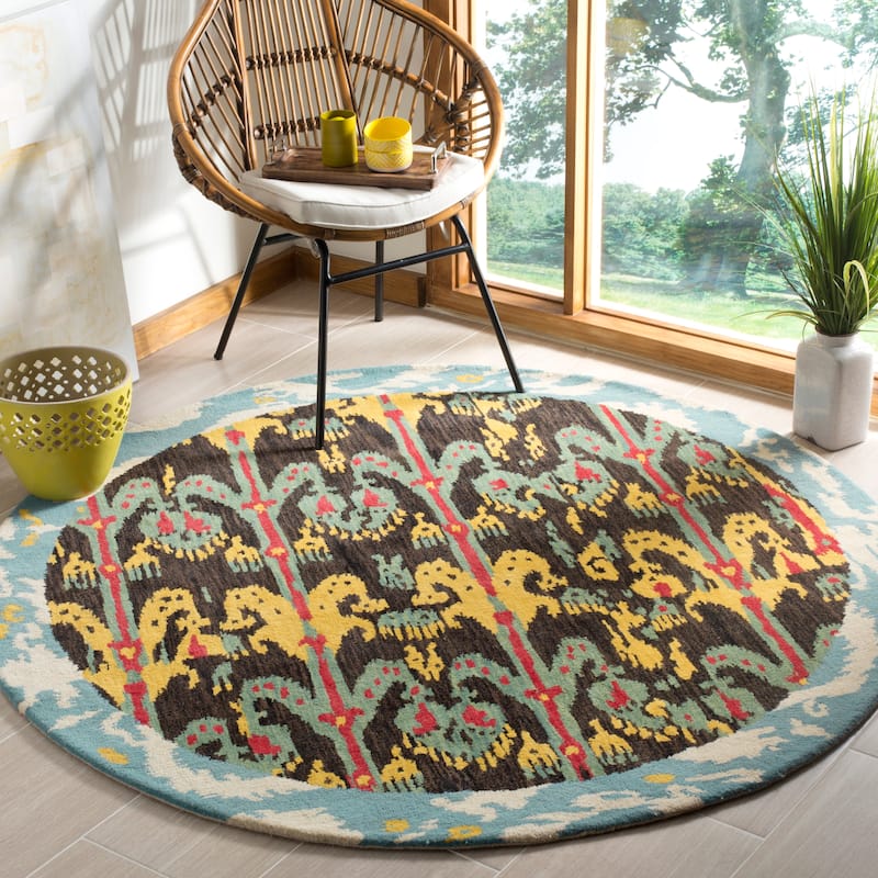 SAFAVIEH Handmade Ikat Krete Modern Wool Rug - 6' Round - Charcoal/Blue