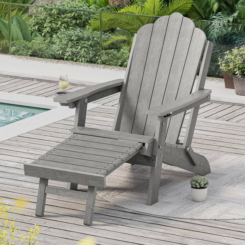 3-Position Adjustable Folding Adirondack Chair W/ Ottoman for Outdoor - 1-Piece - LightGray