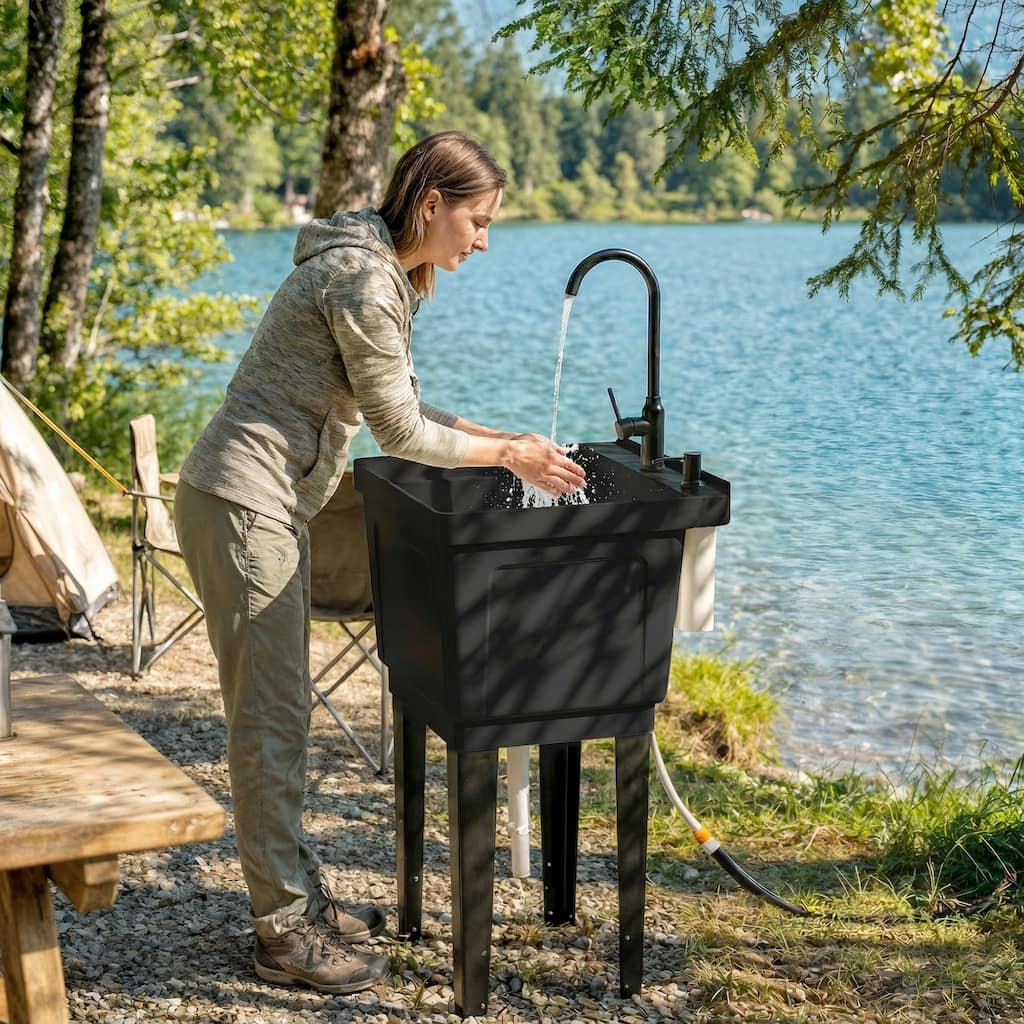 Outsunny Portable Camping Sink, Handwashing Station Basin with Soap Dispenser, Faucet, Inlet and Drain Hoses
