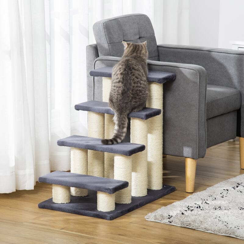 PawHut Cat Tree with 4 Stair Steps for High Beds w/ Sisal Scratching Post - grey