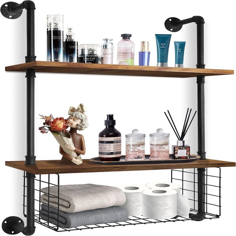 2-Tier Bathroom Shelves Wall Mounted - 7.87"D x 23.6"W x 33"H - 2-Tier with Basket