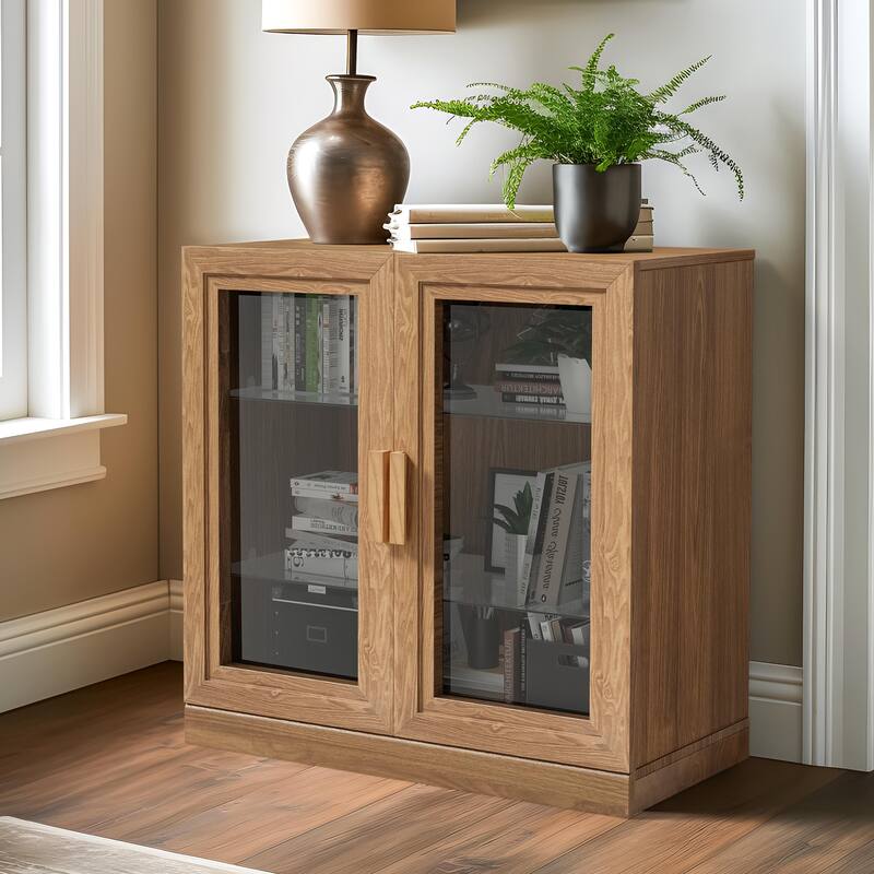 Wood Bookshelf Storage Cabinet with 2 Glass Door and Adjustable Shelf for Kitchen Bedroom Entryway Living Room Dinning Room