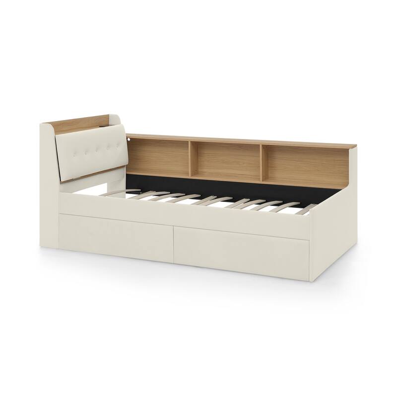 Twin Size Velvet Daybed with Storage, LED Lights, and Wireless Charging, Beige