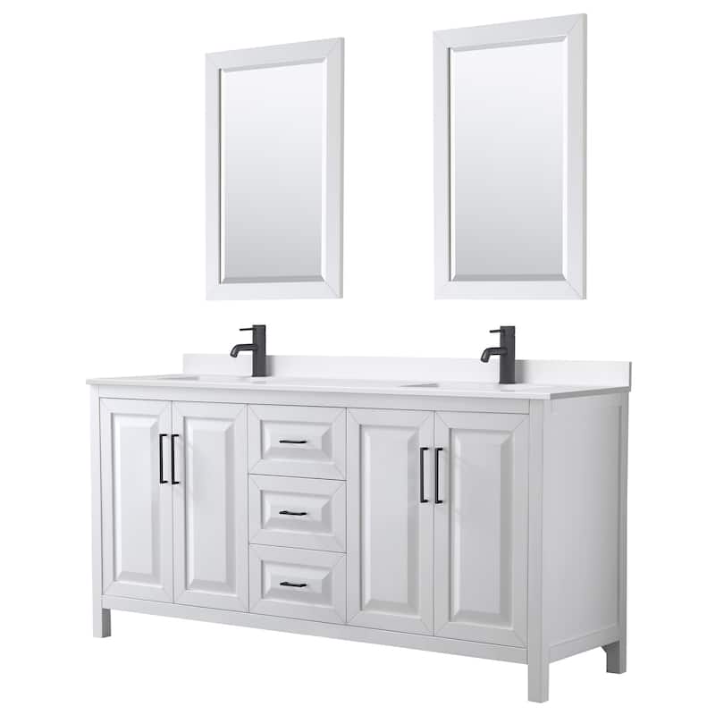 Daria 72-inch Double Vanity, Single Hole Quartz Top, 24-inch Mirrors - White, Black Trim, White Quartz Top