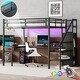 preview thumbnail 1 of 5, Full XL Size Loft Bed with L-shaped Desk and USB,Metal Loft Bed with Wardrobe and Adjustable Shelf,High Loft Bed with LED,Black