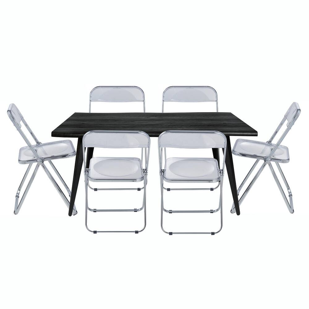 Lawrence Modern 7-Piece Dining Set of 6 Acrylic Folding Dining Chairs and Solid Wood Top with Black Metal Legs