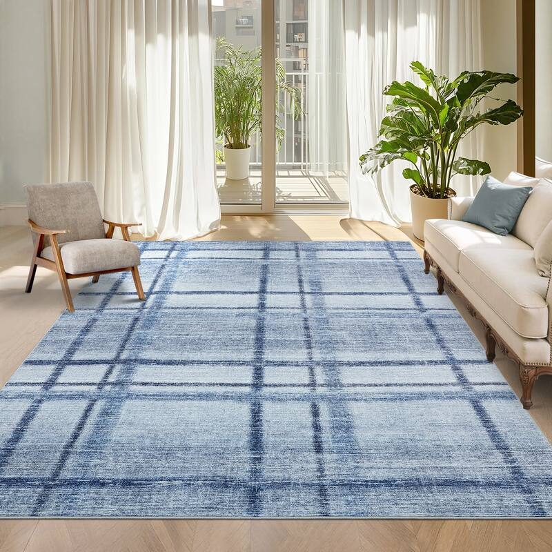 Washable Area Rug, Modern Geometric Area Rugs for Living Room Bedroom, Non-Slip Low Pile Indoor Soft Carpet - 5'x7' - Blue
