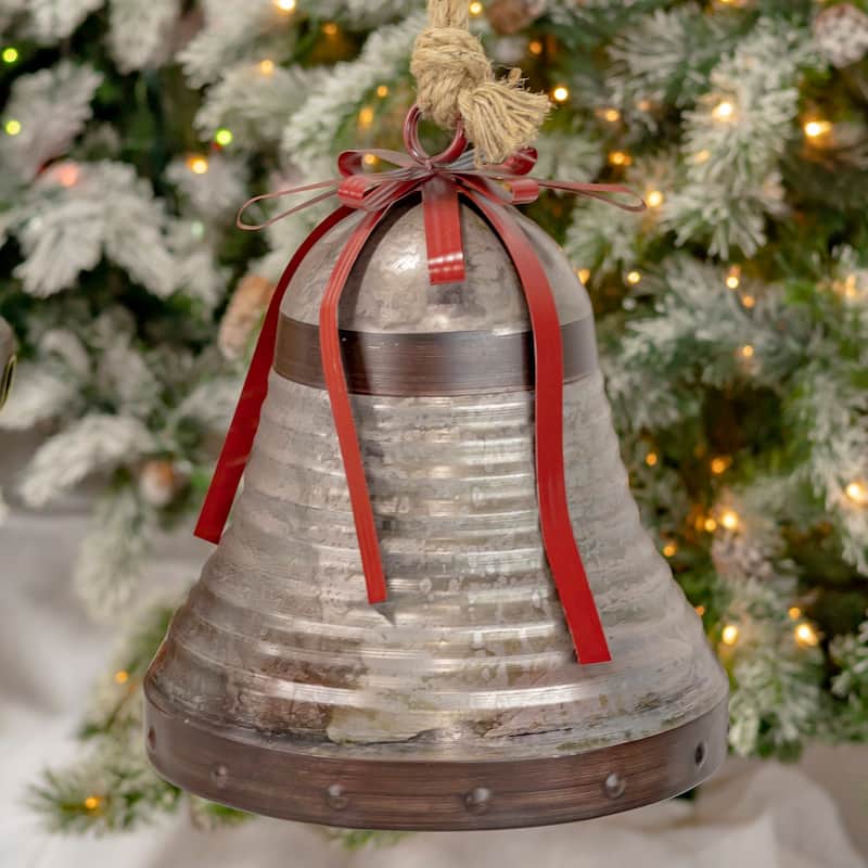 Set of 7 Large Galvanized Jingle Bells with Ribbon and Rope - 10x10x10.5