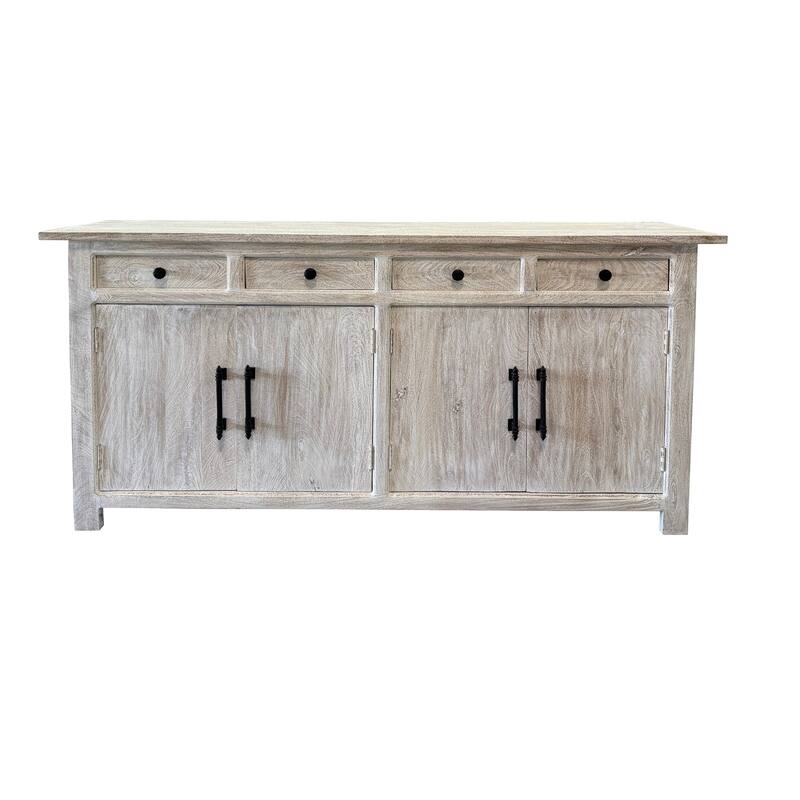 HomeRoots 79" White Distressed Solid Wood Paneled Four Drawer Sideboard with Four Doors - 79.00 in. x 38.00 in. x 17.00 in.